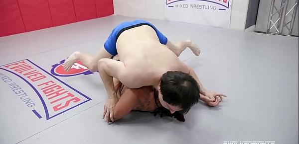  Bella Rossi mixed sex wrestling gives a handjob then Strapon Fucks the loser